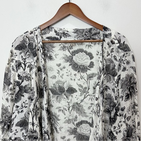 Flax Black and White Floral Linen Tie Front Asymmetric Cardigan Top Large - Picture 7 of 14